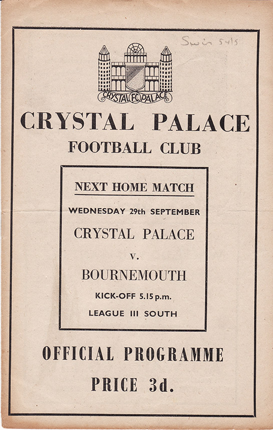 <b>Saturday, September 25, 1954</b><br />vs. Crystal Palace (Away)
